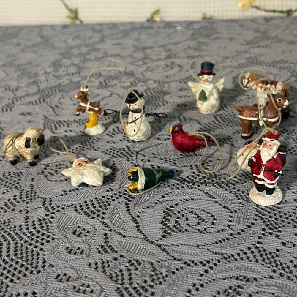Lot of 11 Miniature Resin Christmas Ornaments Santa Snowman Reindeer Cardinal